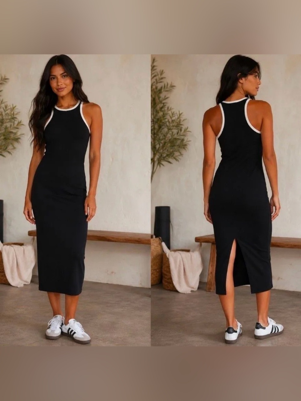 Athleta Black Racerback Midi Dress with White Trim